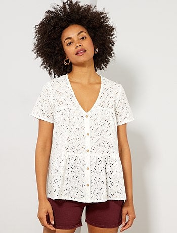 Camisa de manga curta em bordado inglês - Kiabi