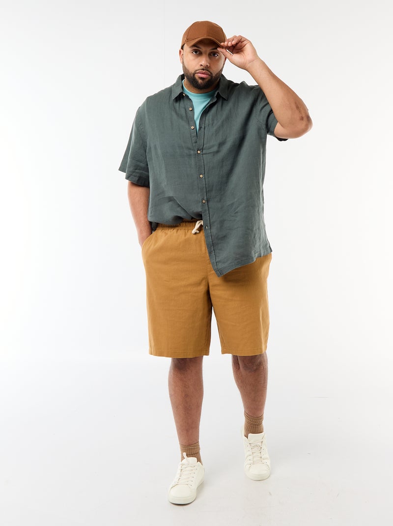 Camisa de manga curta em linho Caqui - Kiabi