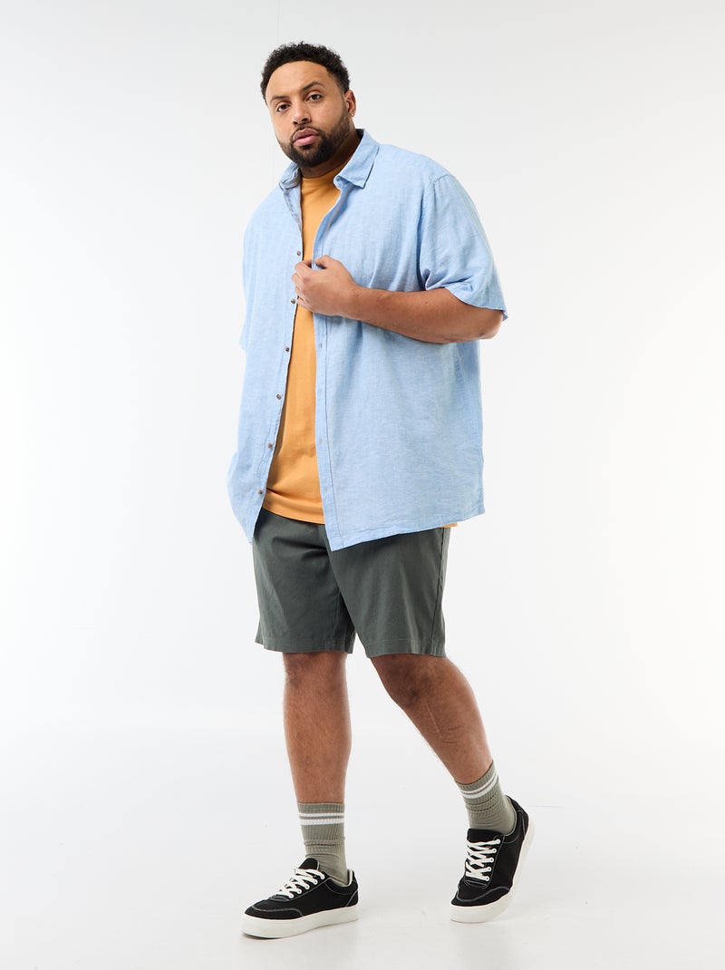 Camisa de manga curta em linho misturado Azul - Kiabi