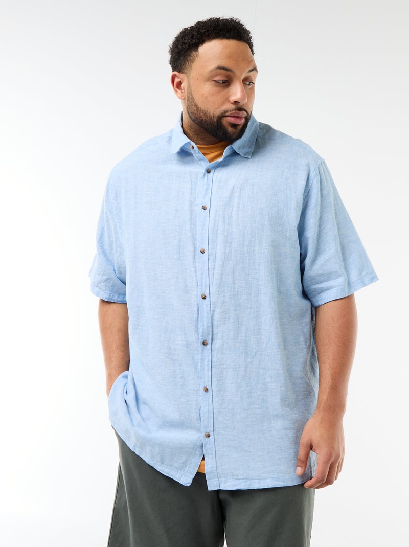Camisa de manga curta em linho misturado Azul - Kiabi