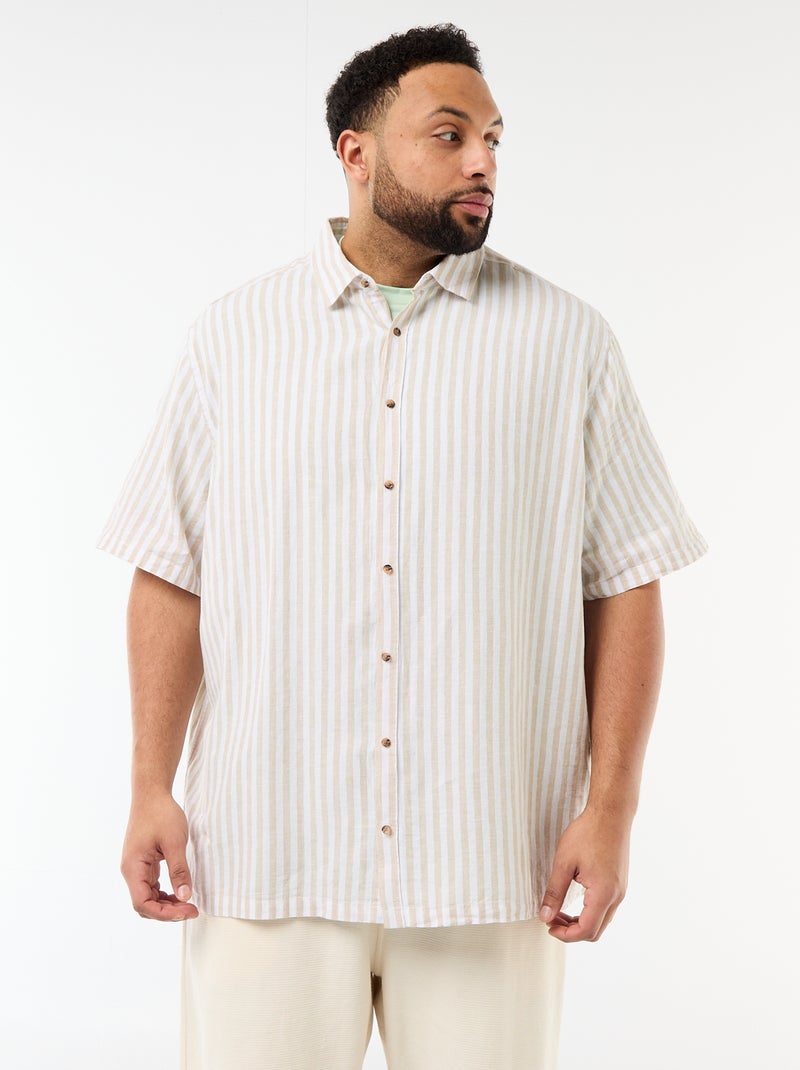 Camisa de manga curta em linho misturado Bege - Kiabi