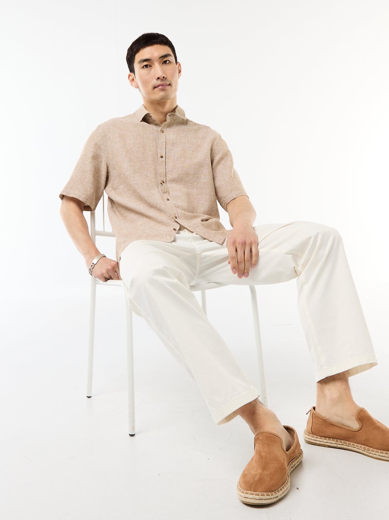 Camisa de manga curta em linho misturado Beige - Kiabi