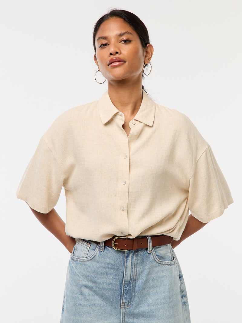 Camisa de manga curta em linho misturado Branco - Kiabi
