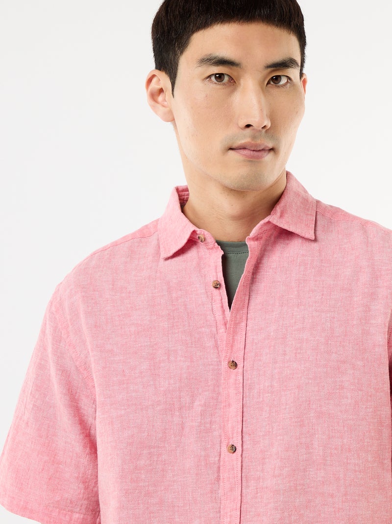 Camisa de manga curta em linho misturado Rosa - Kiabi
