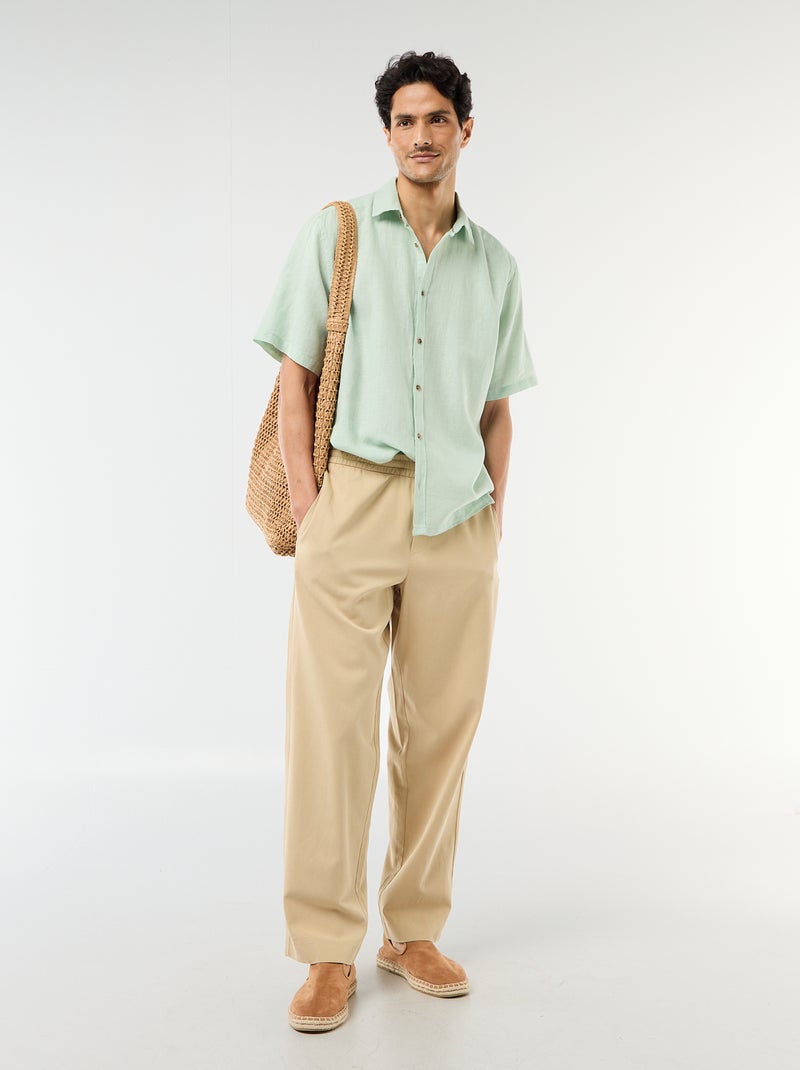 Camisa de manga curta em linho misturado Verde claro - Kiabi
