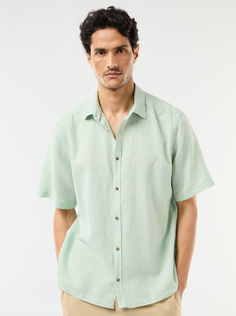Camisa de manga curta em linho misturado Verde claro - Kiabi