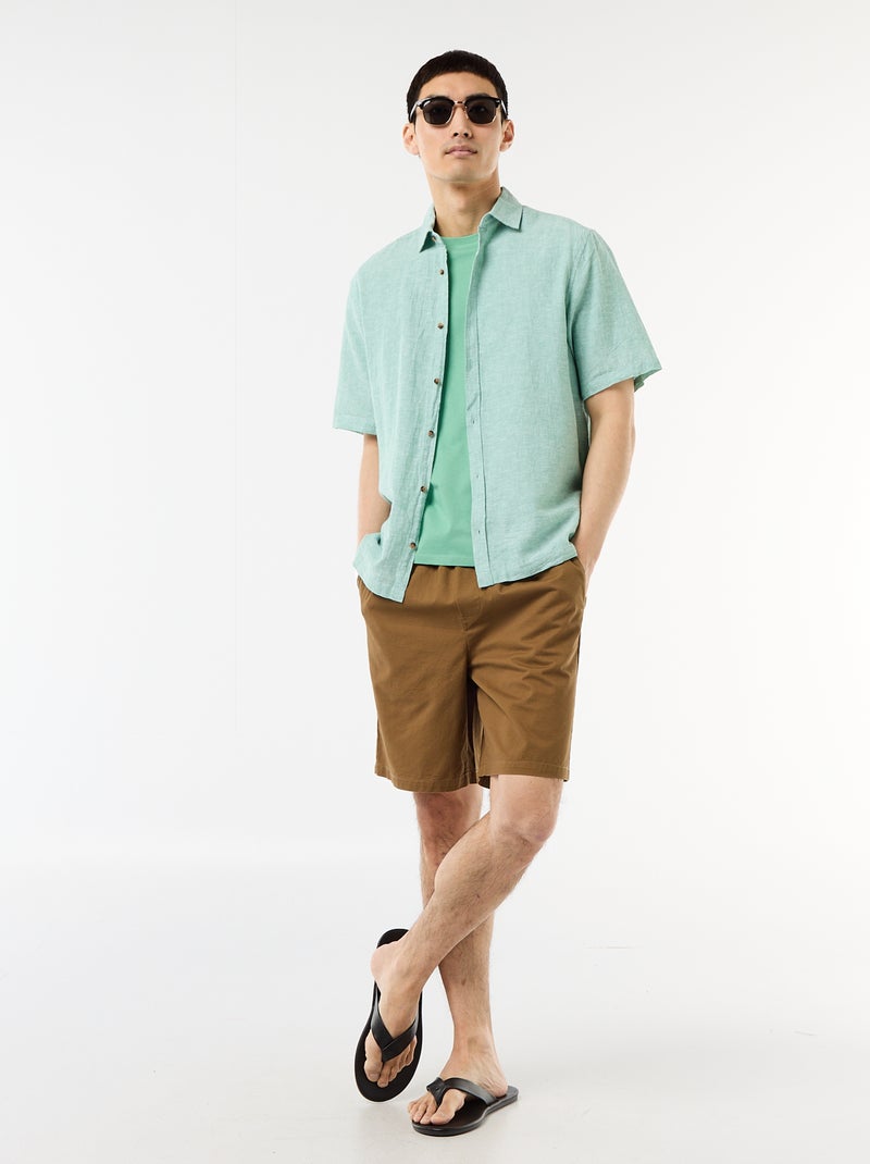 Camisa de manga curta em linho misturado Verde - Kiabi