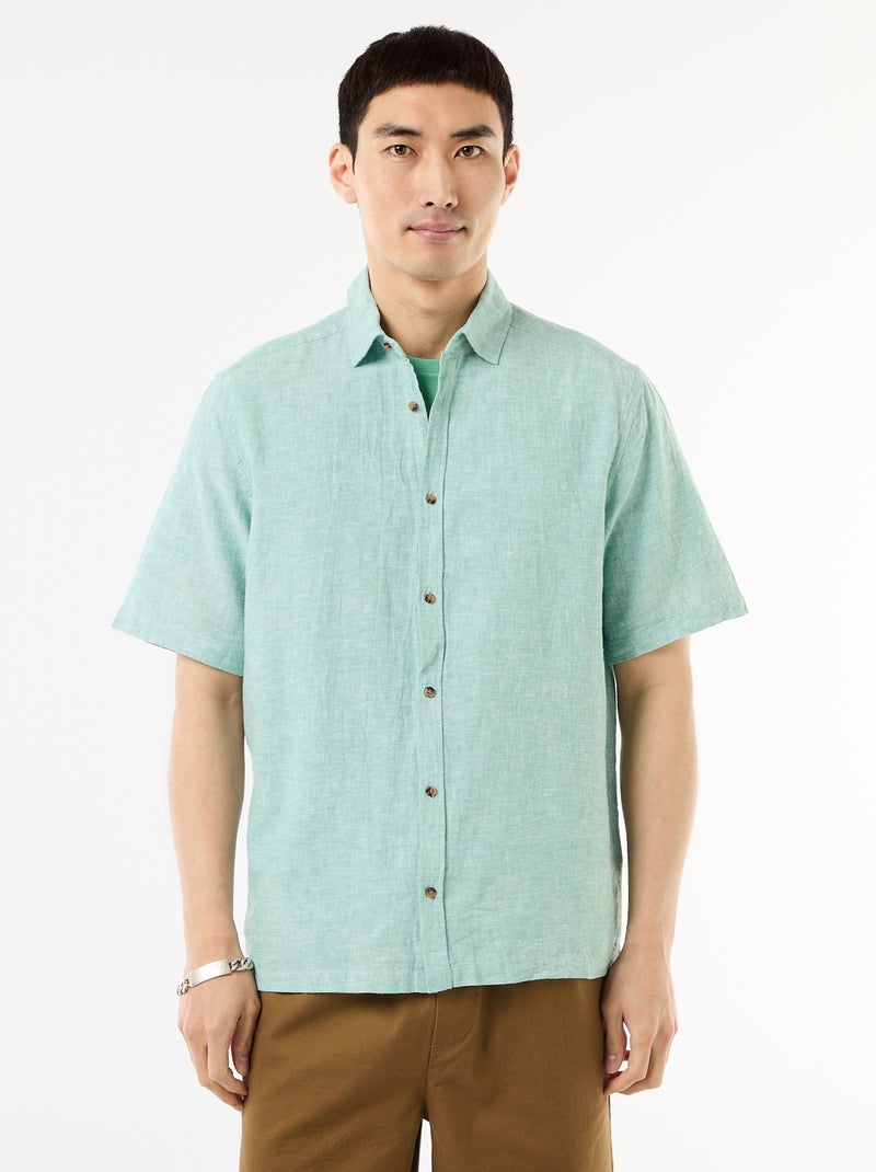 Camisa de manga curta em linho misturado Verde - Kiabi