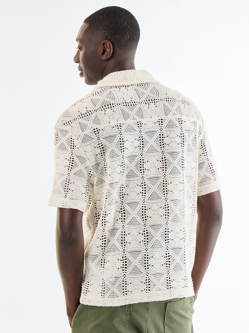 Camisa de manga curta em malha ajurada Branco - Kiabi