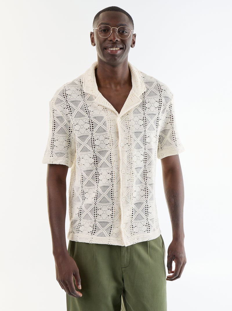 Camisa de manga curta em malha ajurada Branco - Kiabi
