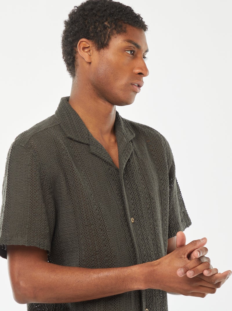 Camisa de manga curta em malha ajurada Caqui - Kiabi