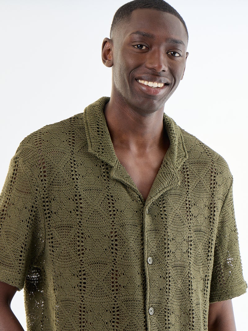 Camisa de manga curta em malha ajurada Caqui - Kiabi