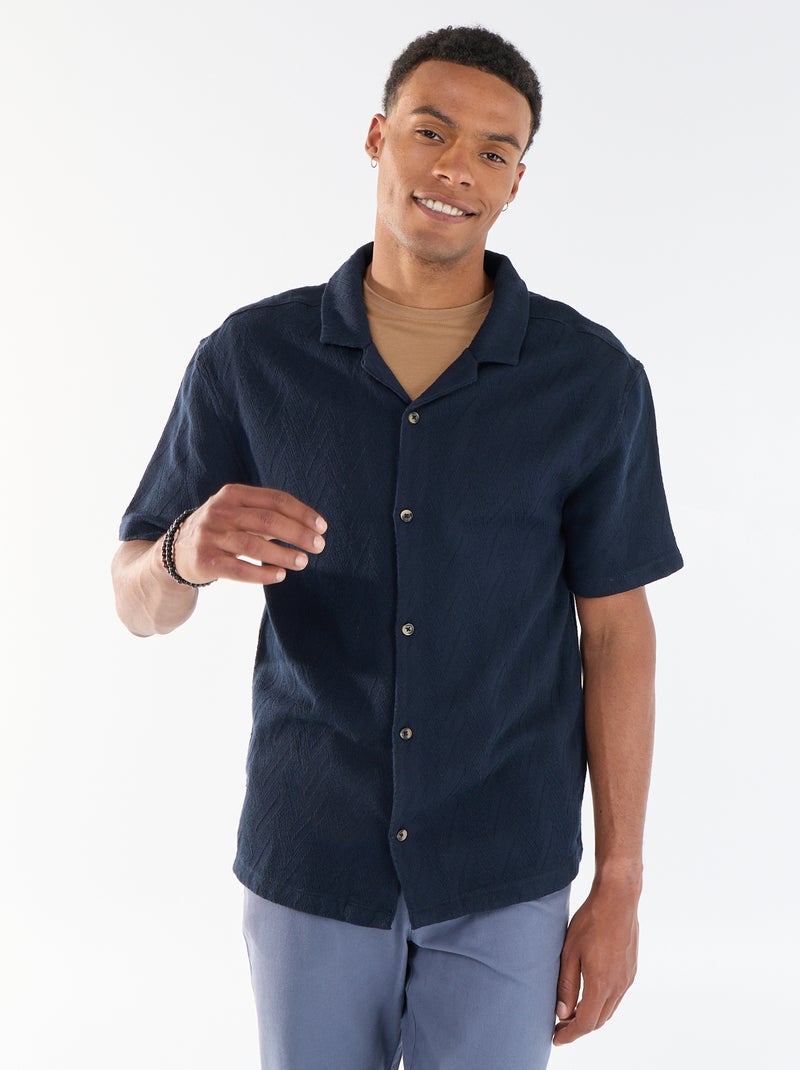 Camisa de manga curta em malha jacquard Azul - Kiabi
