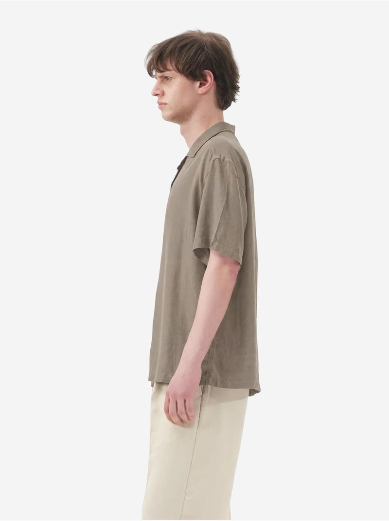 Camisa de manga curta em mistura de linho com fecho de botões giesto Cáqui - Kiabi