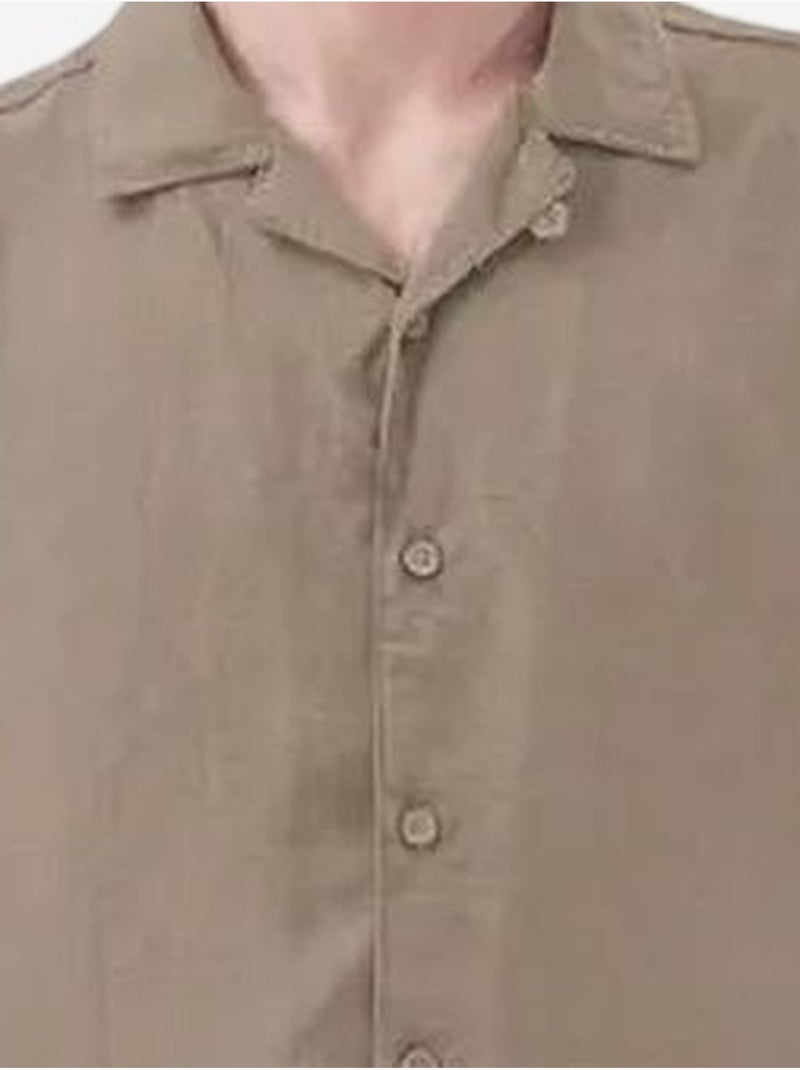 Camisa de manga curta em mistura de linho com fecho de botões giesto Cáqui - Kiabi