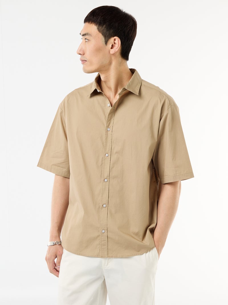Camisa de manga curta em popeline Bege - Kiabi