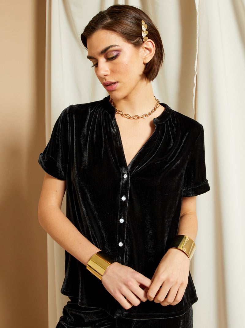 Camisa de manga curta em veludo Preto - Kiabi