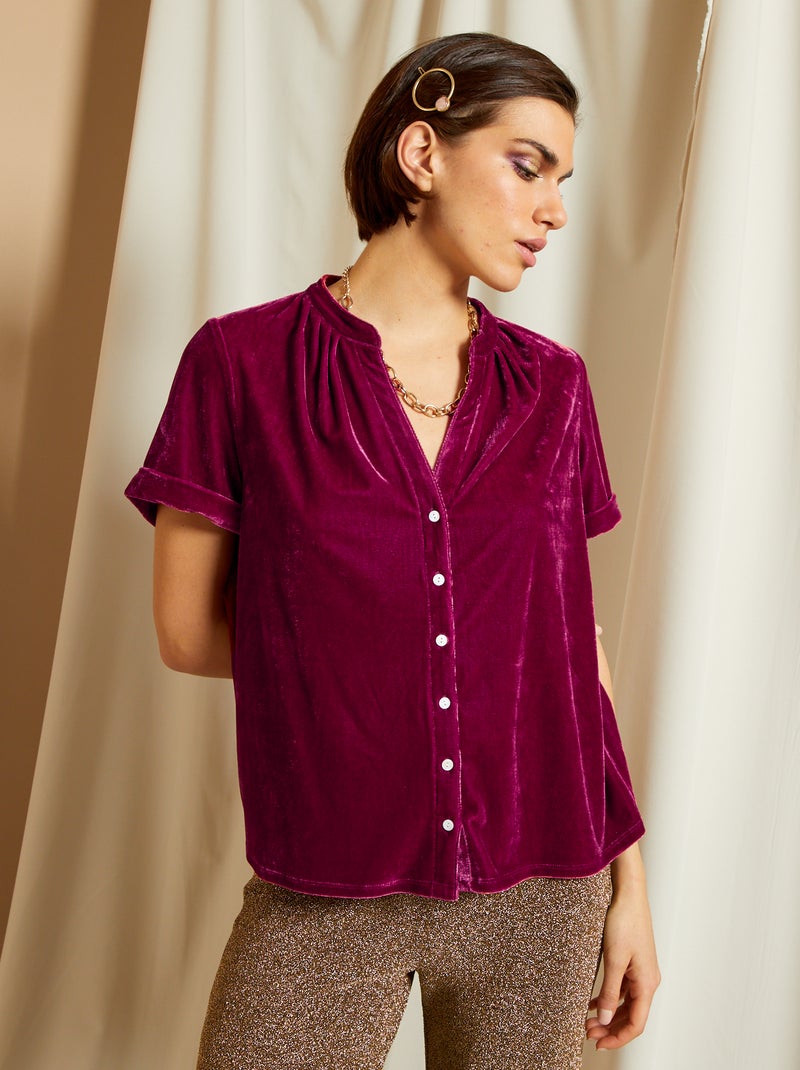 Camisa de manga curta em veludo Vermelho Vinho - Kiabi