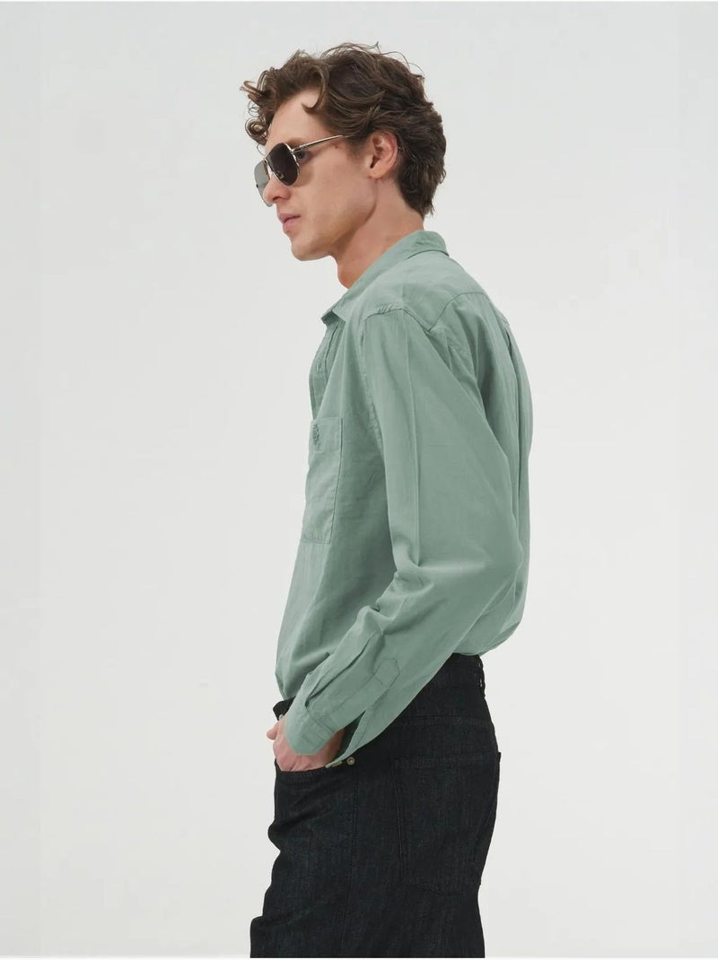 Camisa de mangas compridas em popelina de algodão giesto Verde pastel - Kiabi
