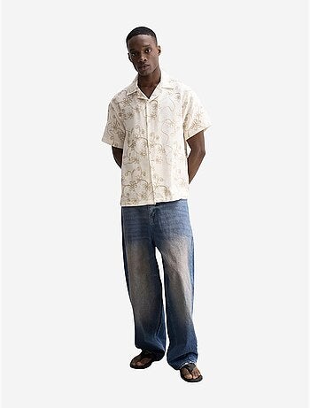 Camisa de mangas curtas bordada em popelina de algodão giesto