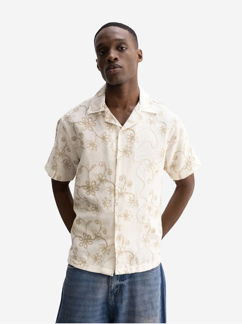 Camisa de mangas curtas bordada em popelina de algodão giesto Bege natural - Kiabi