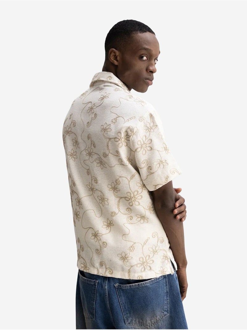 Camisa de mangas curtas bordada em popelina de algodão giesto Bege natural - Kiabi