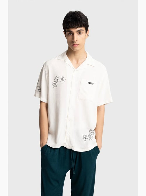 Camisa de mangas curtas bordada em popelina de algodão giesto - Kiabi