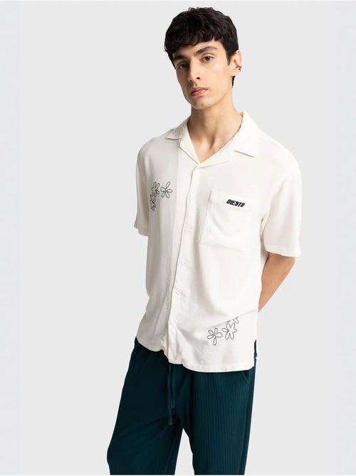 Camisa de mangas curtas bordada em popelina de algodão giesto - Kiabi