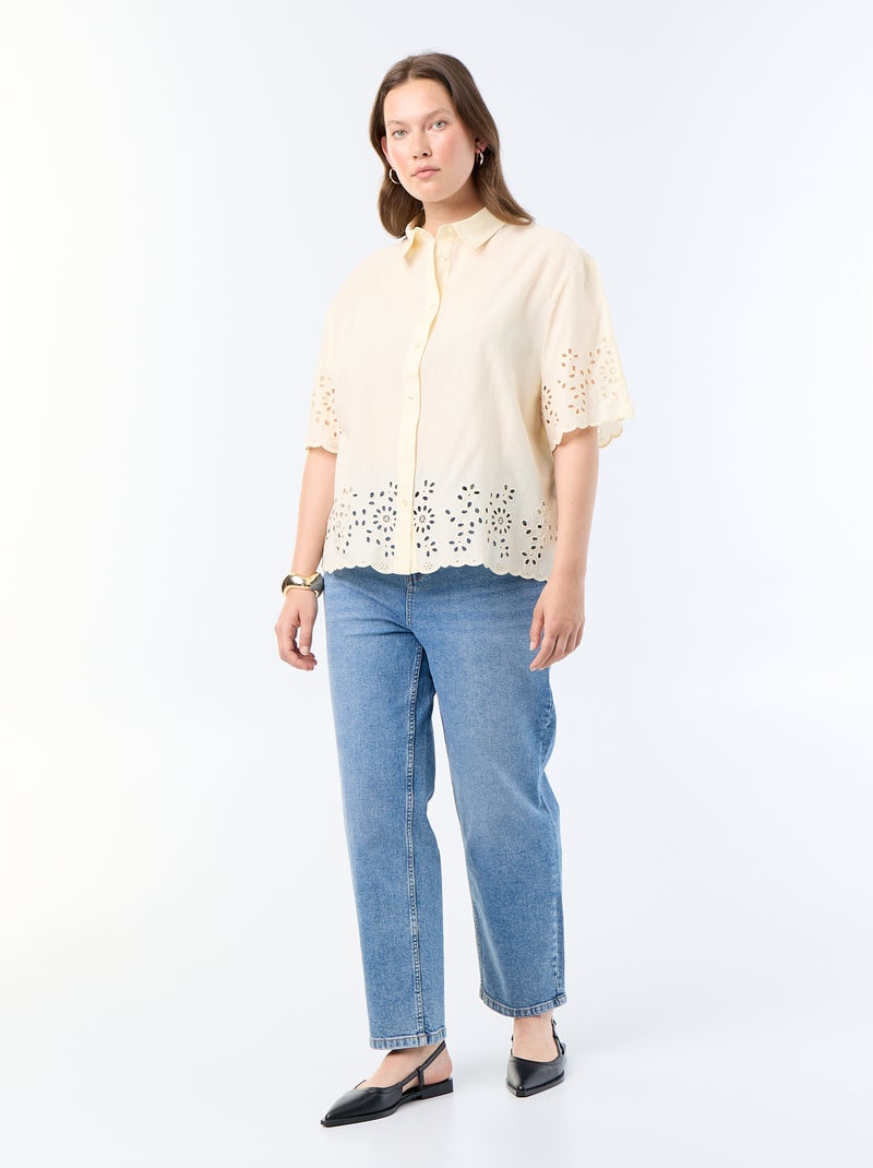 Camisa de mangas curtas com bordado vazado Amarelo - Kiabi