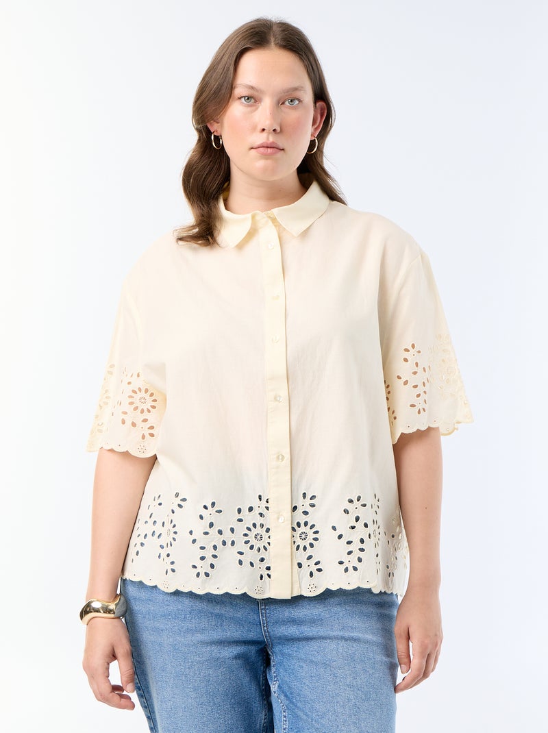 Camisa de mangas curtas com bordado vazado Amarelo - Kiabi