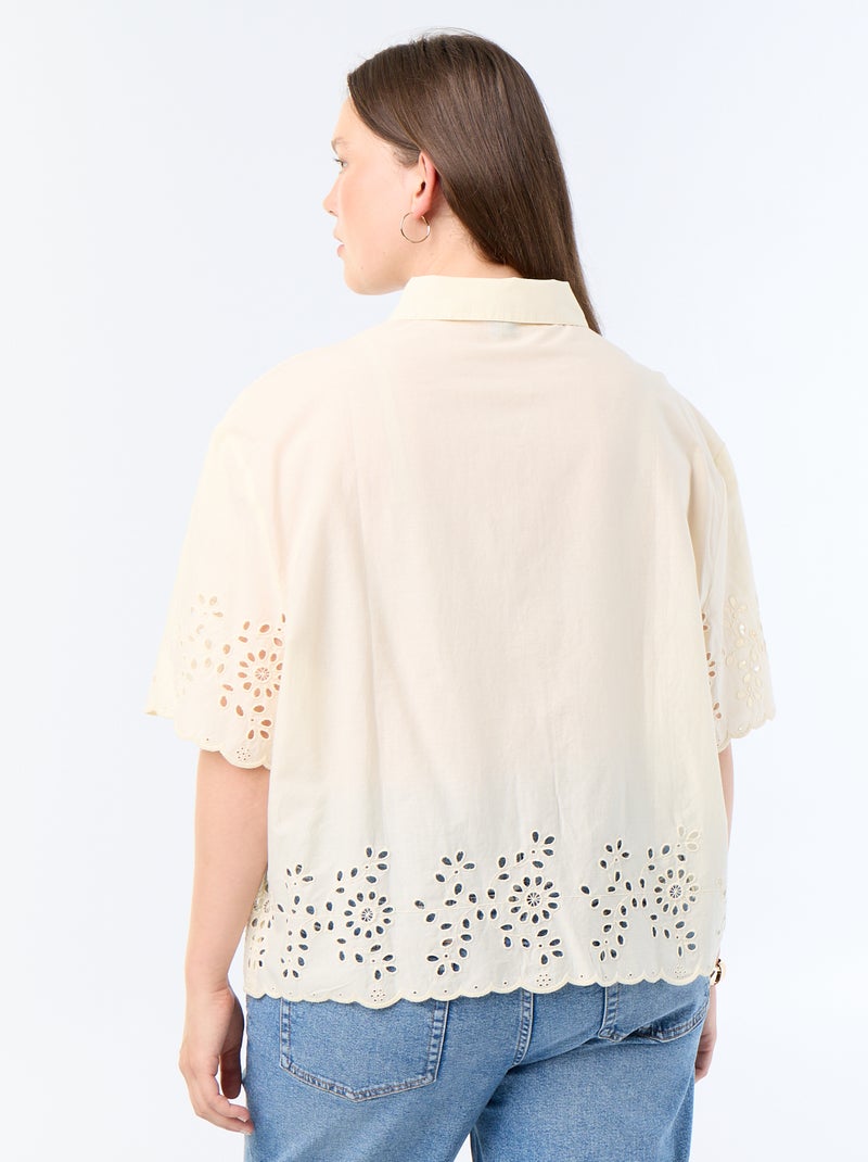 Camisa de mangas curtas com bordado vazado Amarelo - Kiabi