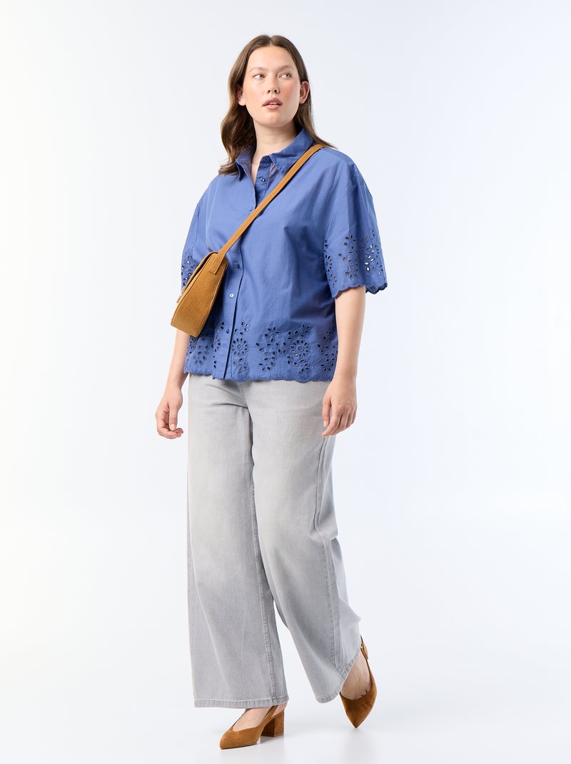 Camisa de mangas curtas com bordado vazado Azul - Kiabi