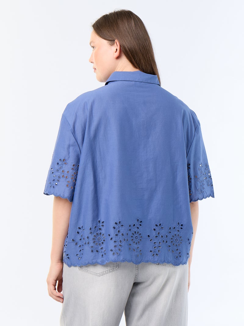Camisa de mangas curtas com bordado vazado Azul - Kiabi