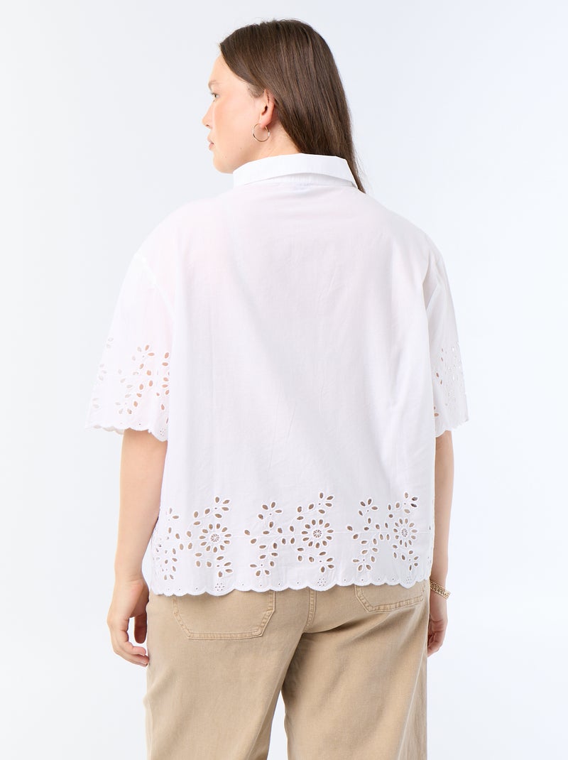 Camisa de mangas curtas com bordado vazado Branco - Kiabi