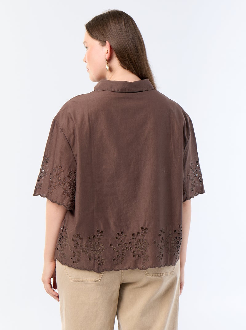 Camisa de mangas curtas com bordado vazado Castanho - Kiabi