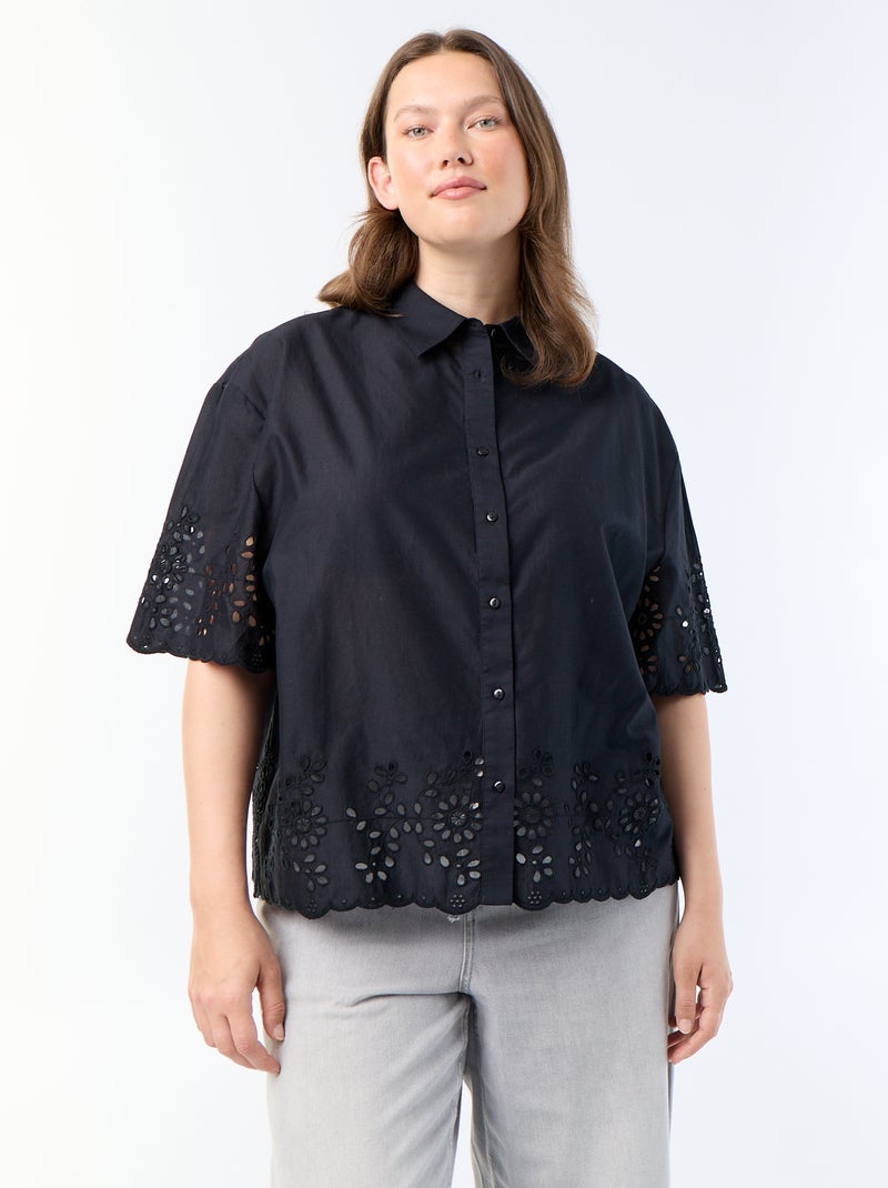 Camisa de mangas curtas com bordado vazado Preto - Kiabi