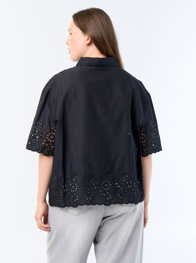Camisa de mangas curtas com bordado vazado Preto - Kiabi