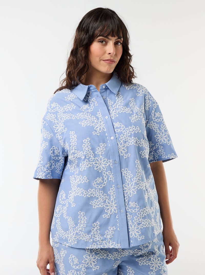 Camisa de mangas curtas com bordados Azul - Kiabi