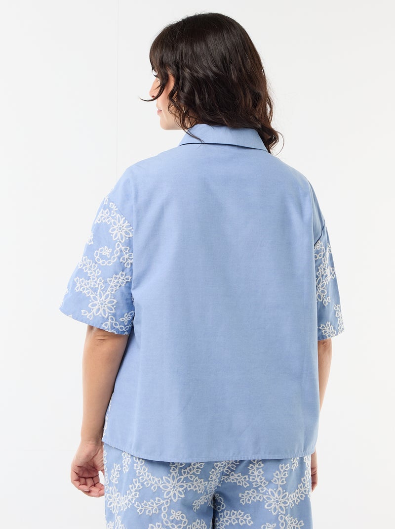Camisa de mangas curtas com bordados Azul - Kiabi
