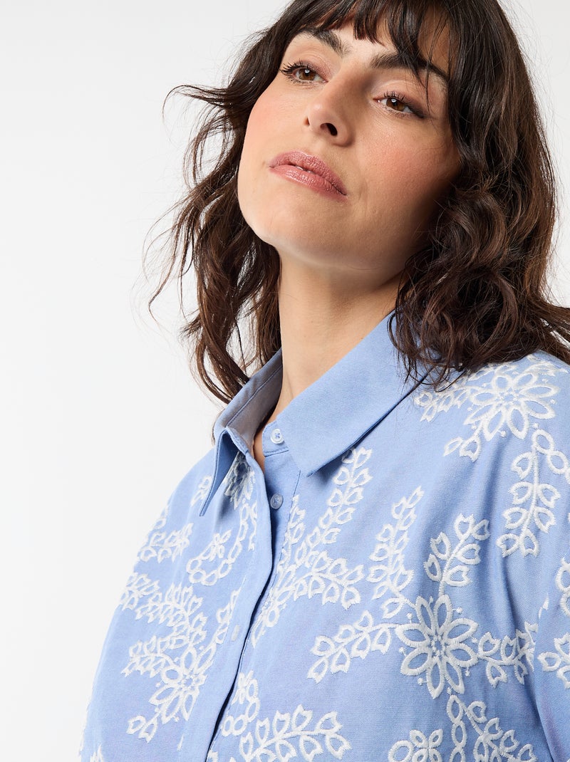 Camisa de mangas curtas com bordados Azul - Kiabi