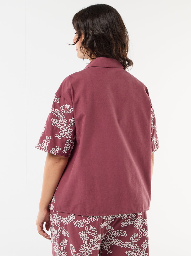 Camisa de mangas curtas com bordados Rosa - Kiabi
