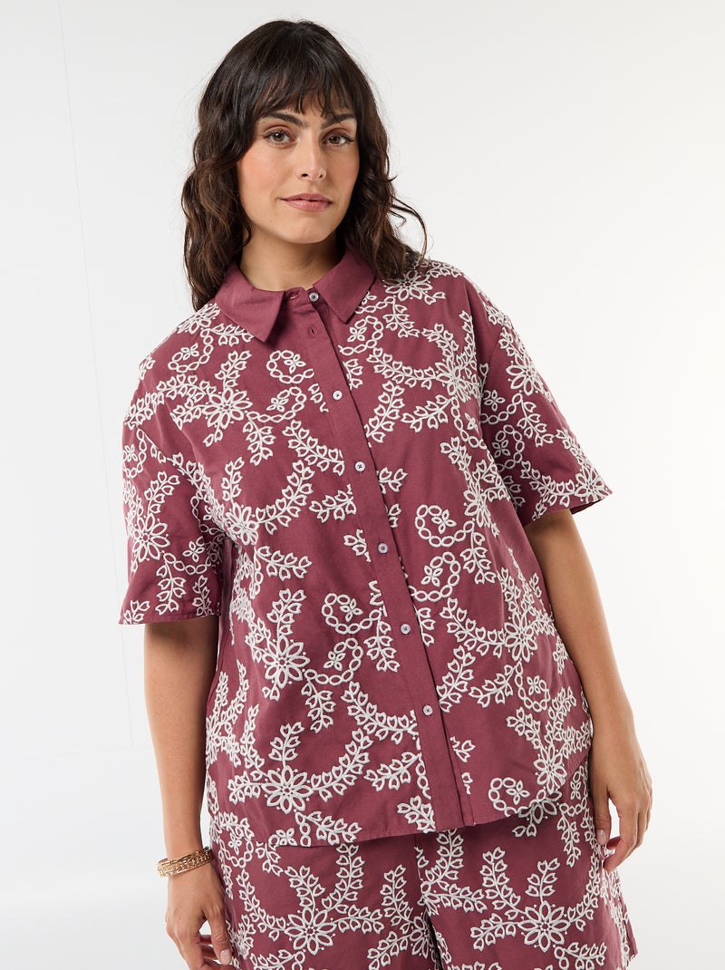 Camisa de mangas curtas com bordados Rosa - Kiabi