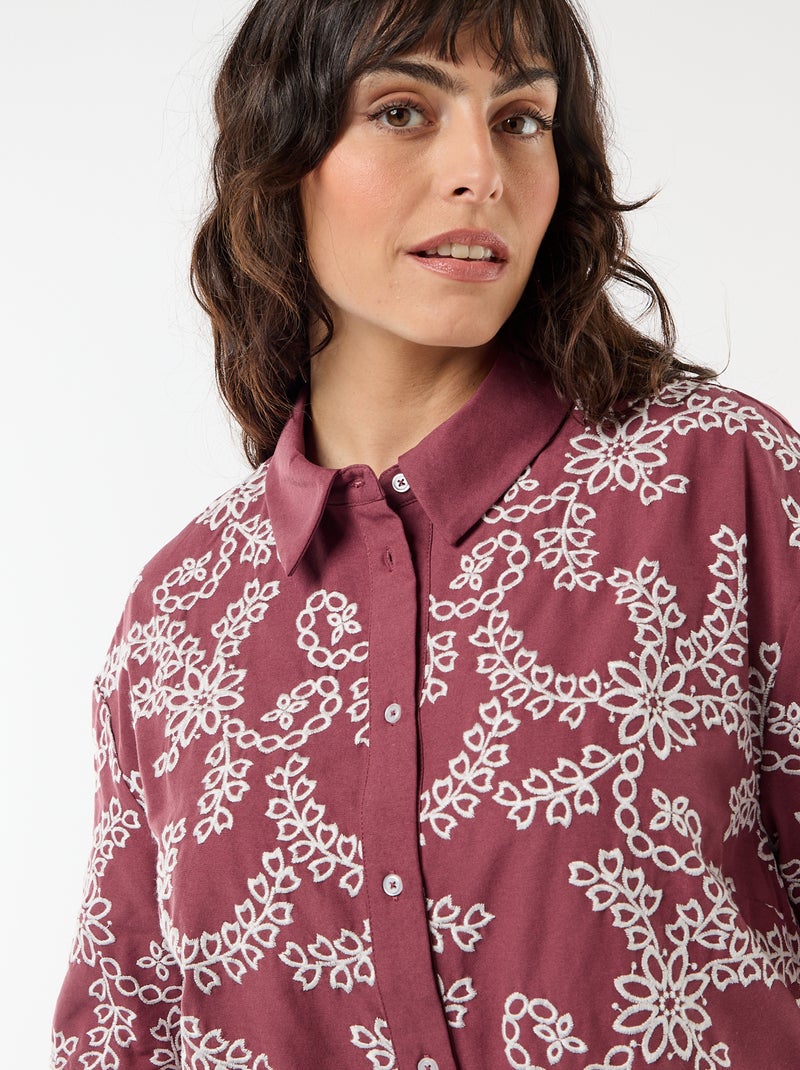 Camisa de mangas curtas com bordados Rosa - Kiabi