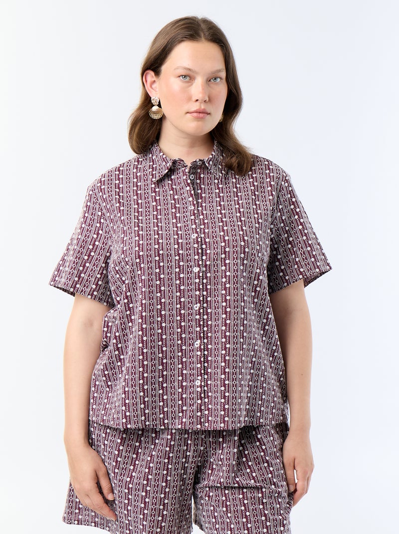 Camisa de mangas curtas com estampado bordado Rosa - Kiabi