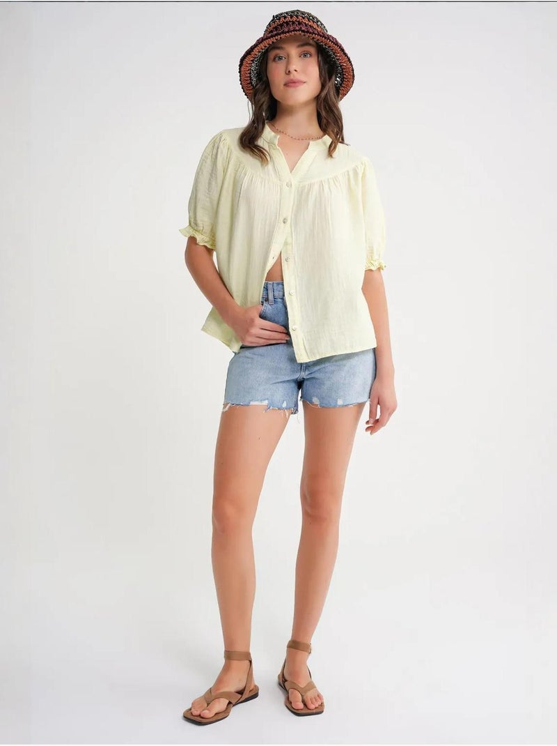 Camisa de mistura de linho de manga curta com botões mixray Amarelo - Kiabi