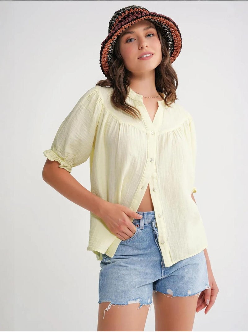 Camisa de mistura de linho de manga curta com botões mixray Amarelo - Kiabi
