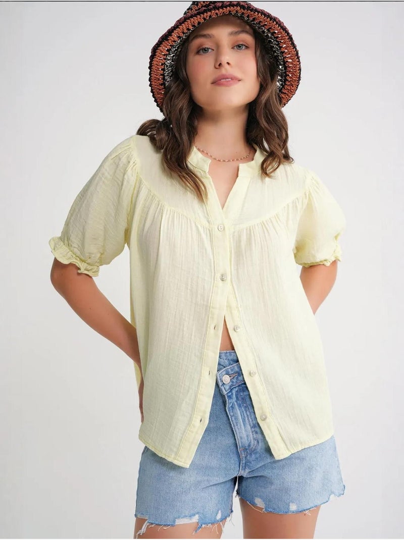 Camisa de mistura de linho de manga curta com botões mixray Amarelo - Kiabi