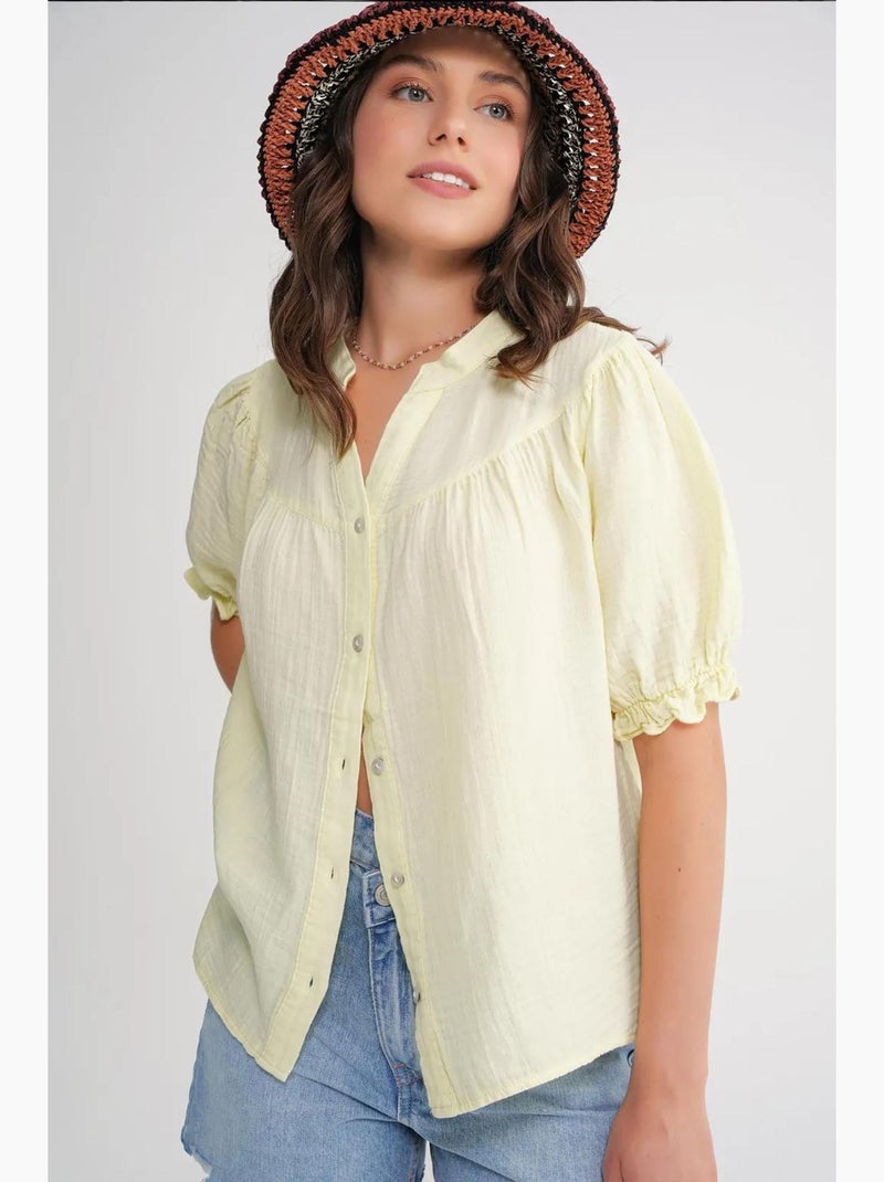 Camisa de mistura de linho de manga curta com botões mixray Amarelo - Kiabi
