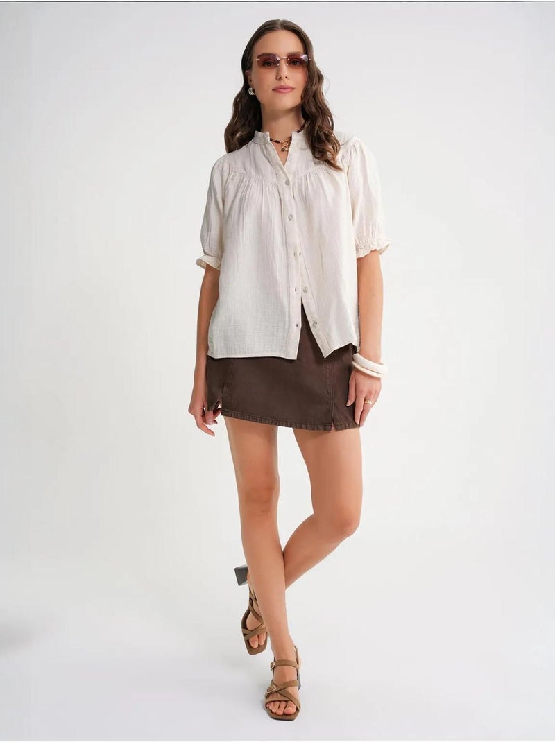 Camisa de mistura de linho de manga curta com botões mixray Bege - Kiabi