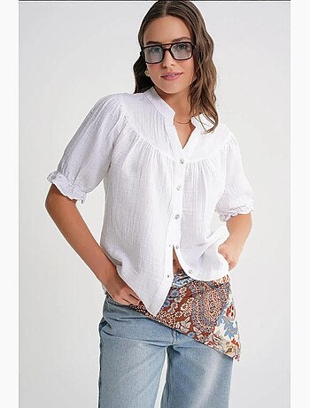 Camisa de mistura de linho de manga curta com botões mixray